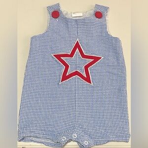 Blue Gingham Romper with Red Star